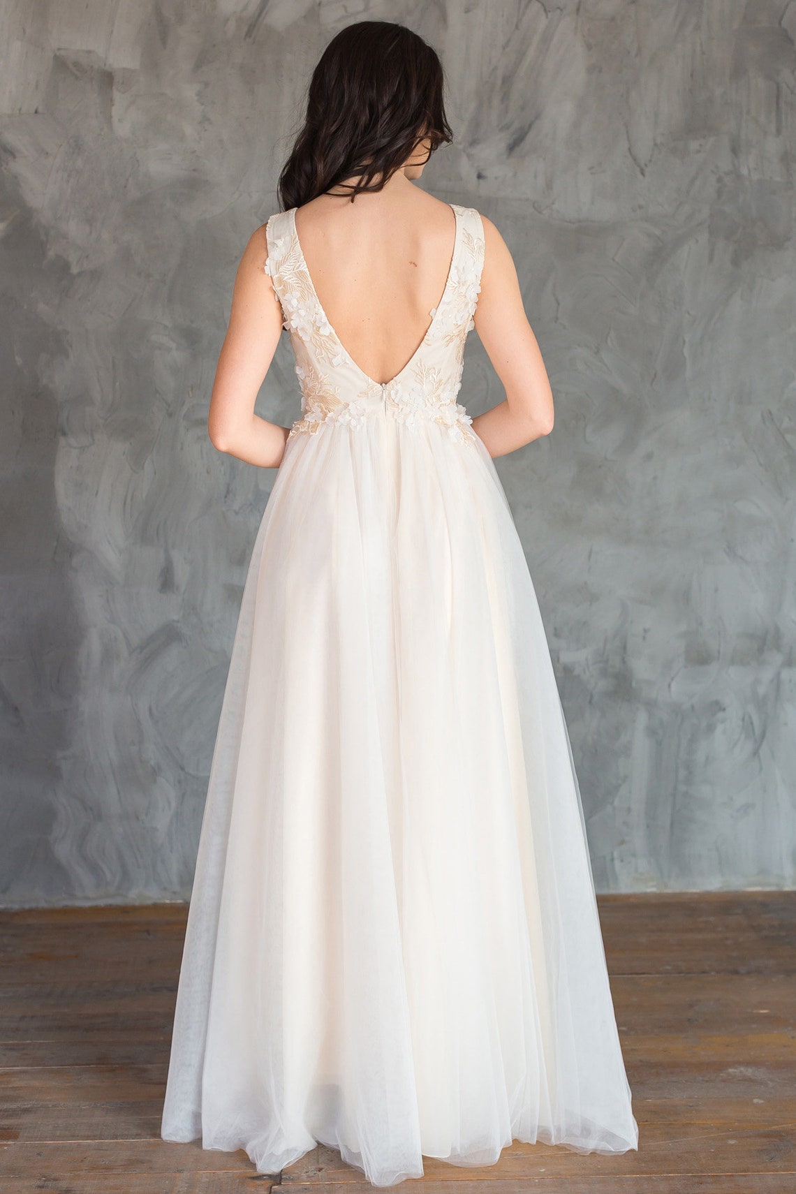Backless Ivory Wedding Dress With Floral Decor / Deep V-neck | Etsy