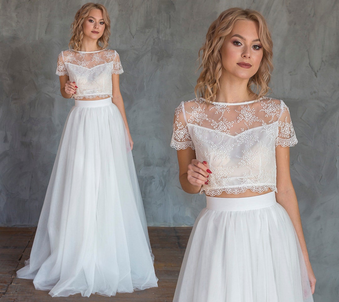 Two Piece Wedding Outfit: Floral Lace Crop Top, Tulle Skirt - Etsy