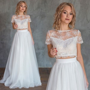 Two Piece Wedding Dress with Tulle Skirt / Bridal crop top with high waist flowy skirt / Crop top wedding dress / Unconventional bridal gown
