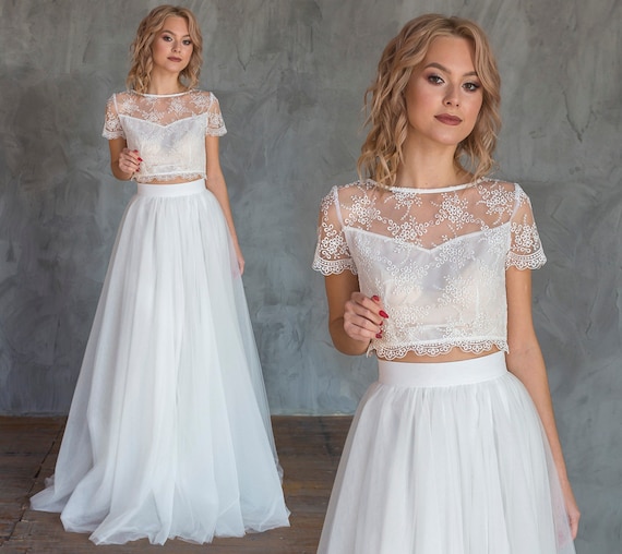 Two Piece Wedding Dress With Tulle Skirt / Bridal Crop Top With