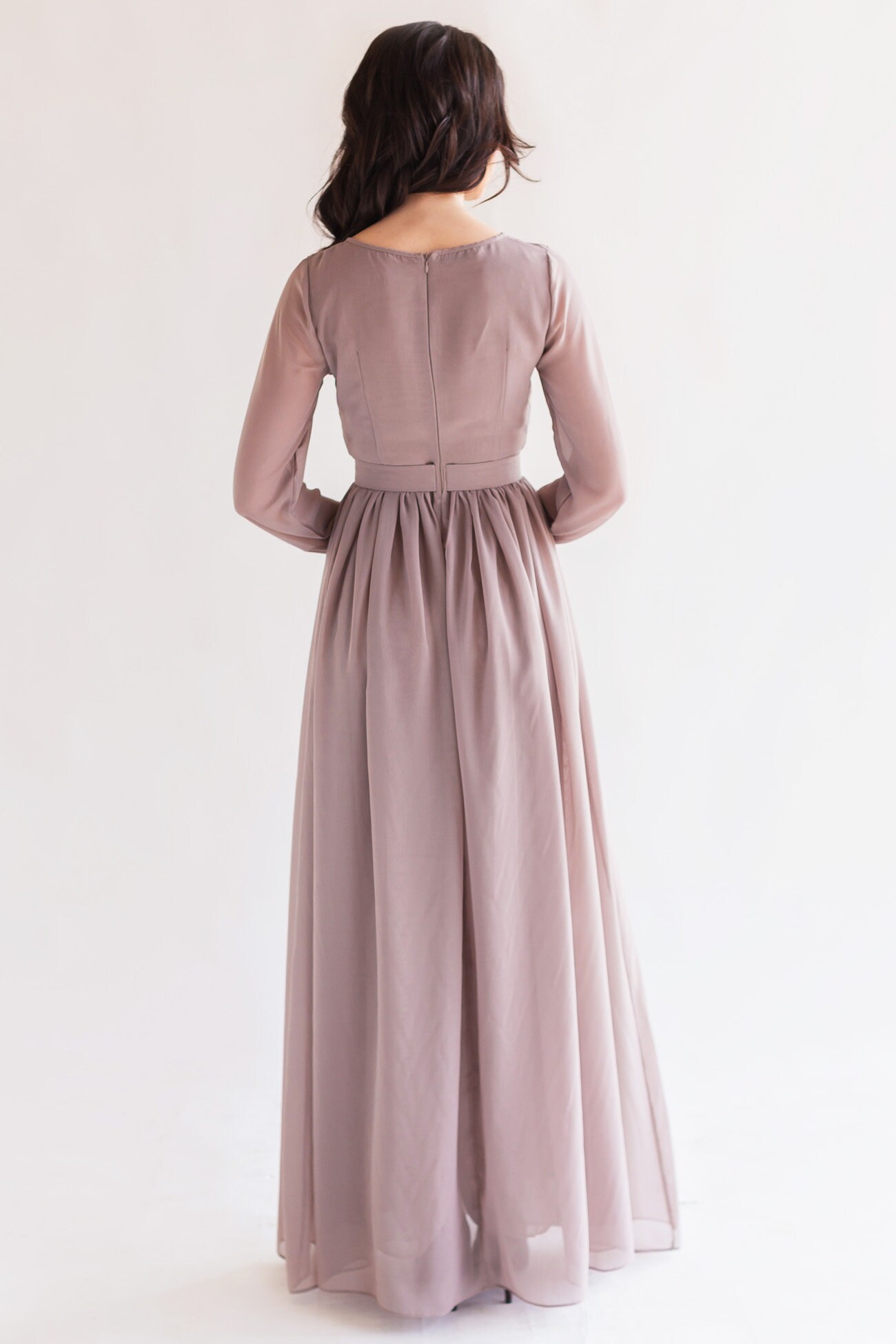 Taupe Chiffon Formal Dress: Long Sleeve A-Line Cocoa Evening Gown