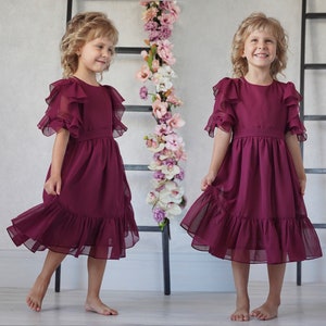 Burgundy flower girl dress, spectacular dress for baby girl, birthday baby dress, toddler formal chiffon dress, baby girl clothes for gift