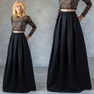 Elegante zwarte lijnrok / Maxirok met plooien / Klassieke vloerlengterok met zakken / Formele rok (kan in verschillende kleuren zijn)