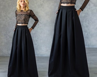 Elegante zwarte lijnrok / Maxirok met plooien / Klassieke vloerlengterok met zakken / Formele rok (kan in verschillende kleuren zijn)