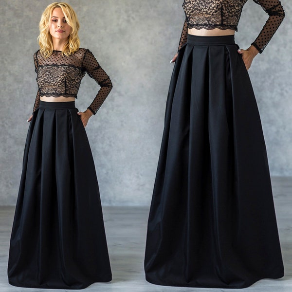 Elegant a line black skirt / Maxi skirt with pleats / Classic floor length skirt with pockets / Formal skirt (can be in different colors)