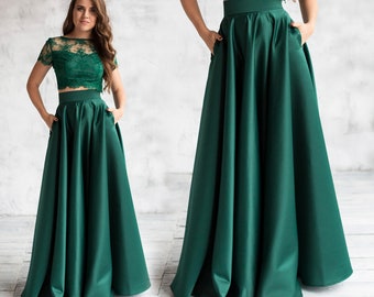 Elegant Formal Emerald Satin Full Skirt / Circle Skirt / Maxi green skirt with pockets / Evening floor length skirt / High waist satin skirt