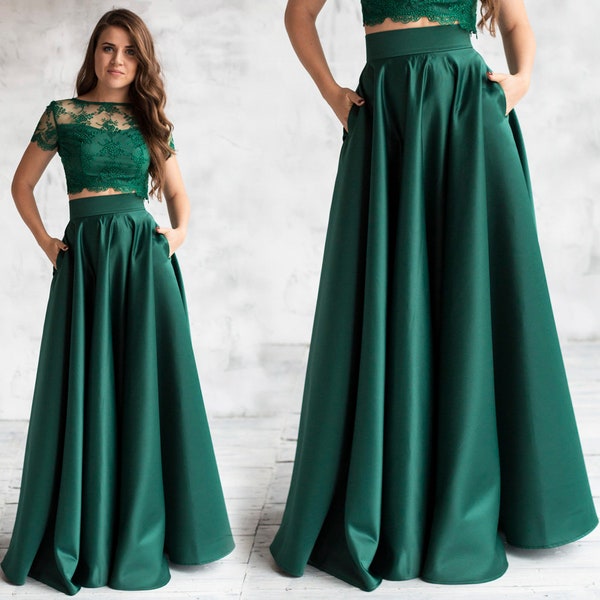 Elegant Formal Emerald Satin Full Skirt / Circle Skirt / Maxi green skirt with pockets / Evening floor length skirt / High waist satin skirt