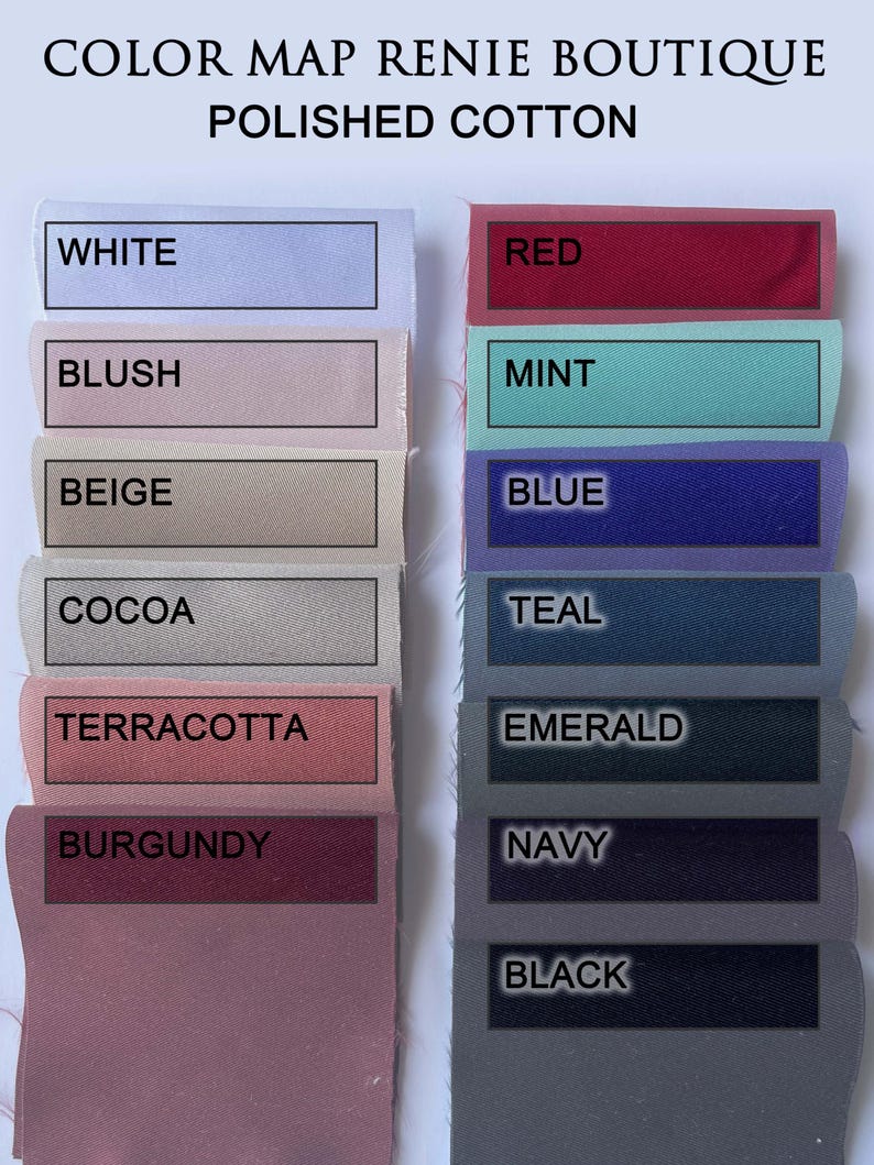 Puede incluir: Un mapa de colores para algod&oacute;n pulido de Renie Boutique con dos columnas de muestras de tela. La columna izquierda incluye blanco, rubor, beige, cacao, terracota y burdeos. La derecha incluye rojo, menta, azul, verde azulado, esmeralda, marino y negro.