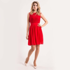 SALE 50% S size red chiffon cocktail dress with lace, red mini dress, short bridesmaid dress, formal dress, sleeveless mini dress, red dress