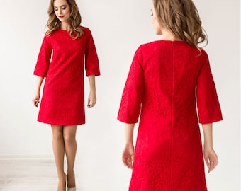 Red Lace Cocktail Dress: Floral Mini Short Dress