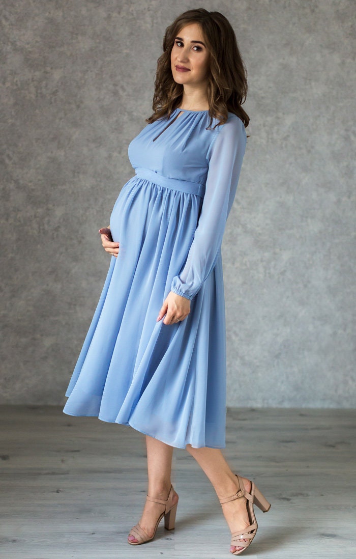 Blue Grey Chiffon Maternity Midi Dress: Long Sleeve Pregnancy Gown