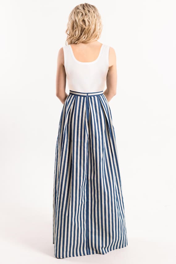 [LOW CLASSIC] / ☆ RELAXED SLIT LONG SKIRT / NAVY STRIPE Elegant Striped A Line Skirt / Long Skirt With Strips / Maxi