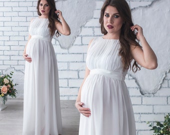 Wedding Ivory Maternity Dress / Long Chiffon Flowy Dress for Future Mom / Tender Pregnancy Gown, Floor length chiffon grecian maternity gown