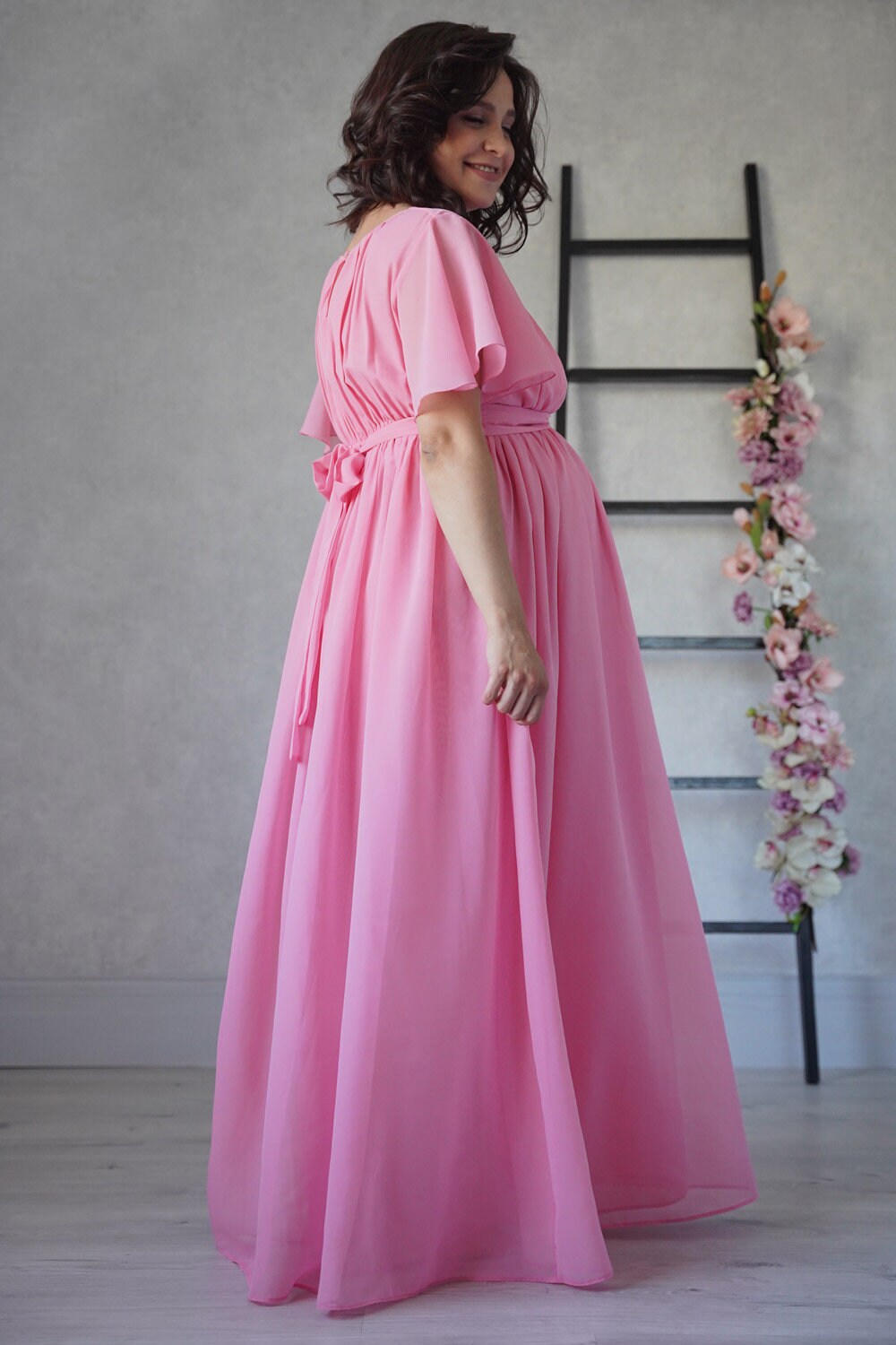 Pink Chiffon Maternity Dress: Flowy Pregnancy Gown
