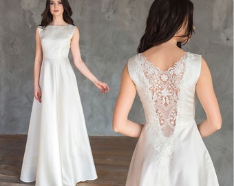Satin Wedding Dress with Embroidered Back / Elegant A-line bridal gown / Classic elegant long ivory wedding dress with transparent back