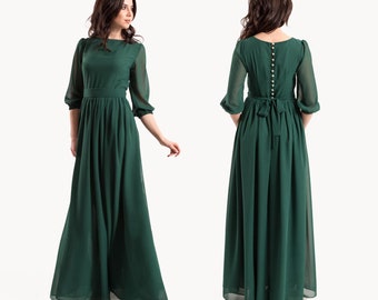 Emerald Maxi Dress With Pearl Buttons And Sleeves / Women formal chiffon closed dress / Green wedding party long gown / Floor length dress