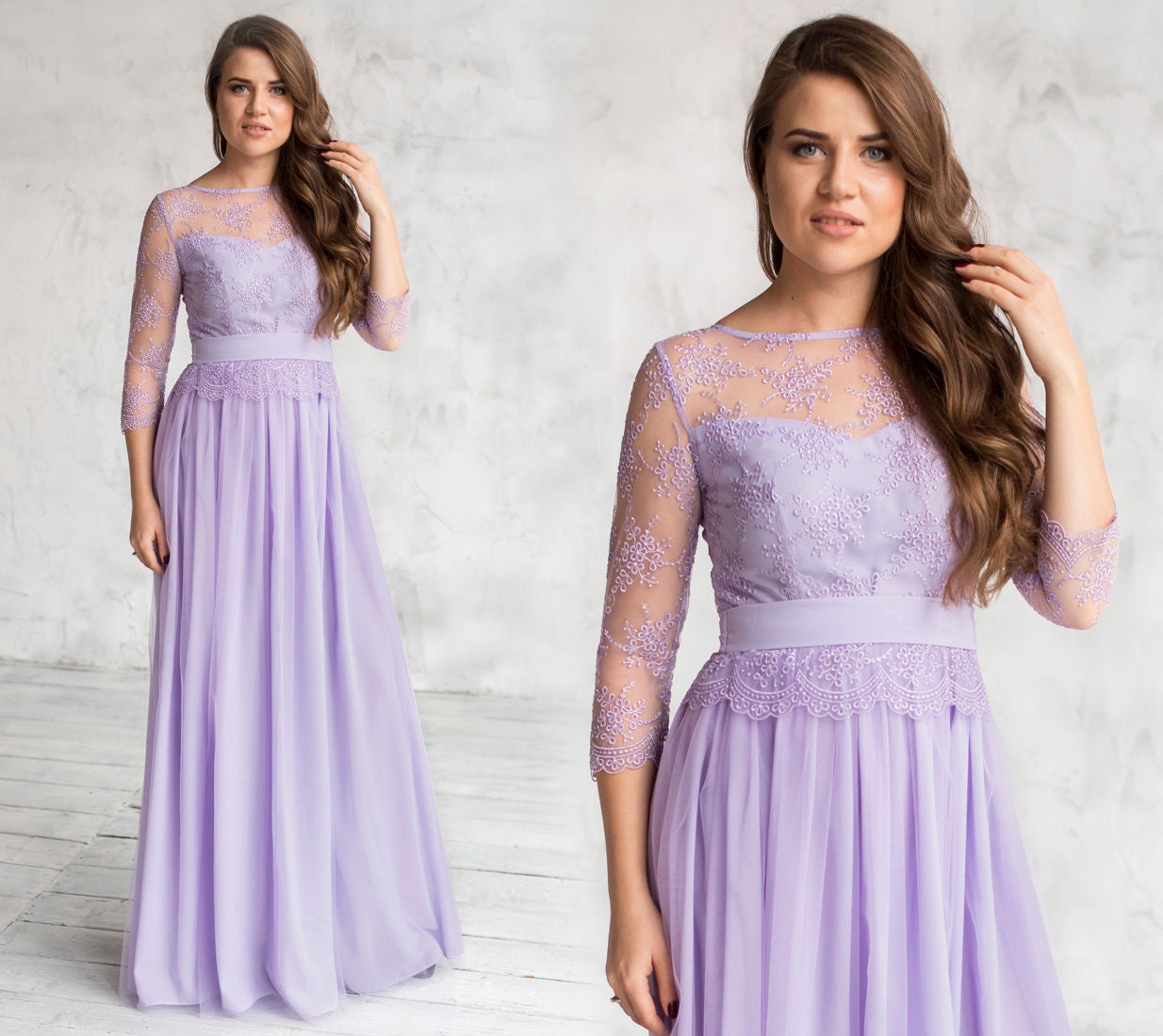 Lavender Blush Formal Floral Lace Dress With Lace Top Basque and Sleeves Blush Maxi Prom Dress Wedding Party Long Lace Gown Etsy