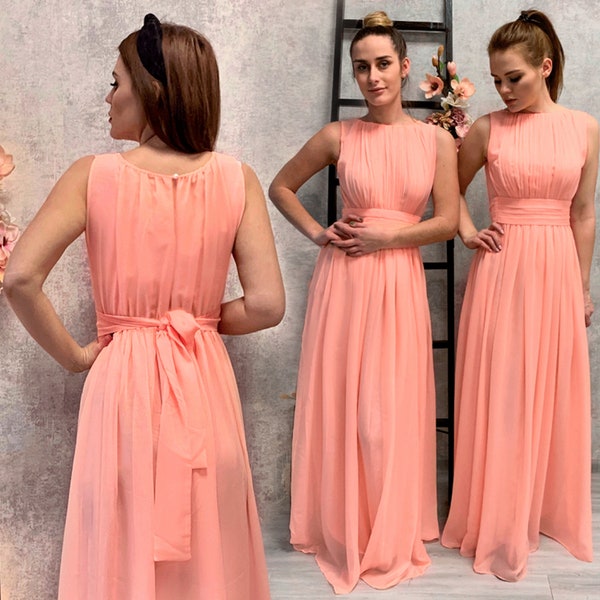 Peach Bridesmaid Chiffon Dress, Maxi Dress, Peach Wedding Cocktail Dress, Bridesmaid Maxi Gown, Formal Dress, Long Prom Dress