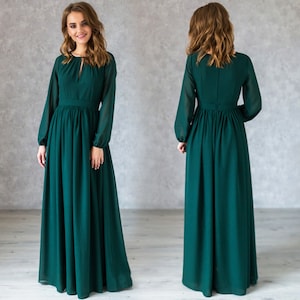 Flowy Emerald Green Dress With Long Sleeves / Green Chiffon Bridesmaid ...