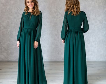 Fließendes Smaragd Grünes Kleid mit langen Ärmeln / Grüner Chiffon Brautjungfer Robe / Smaragd Maxi Kleid / formelles Kleid / Minimalistisches Kleid