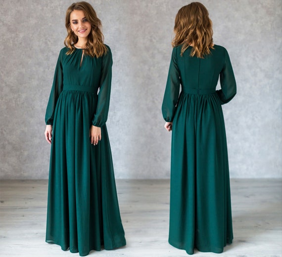 Flowy Emerald Green Dress With Long Sleeves / Green Chiffon Bridesmaid Robe  / Emerald Maxi Dress / Formal Dress / Minimalist Dress 