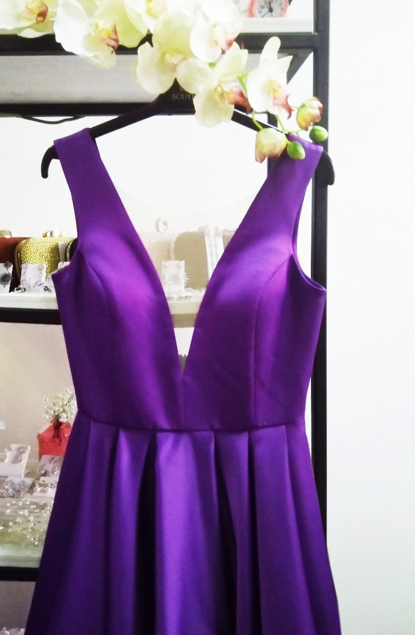 fitted lace wedding dress Gorgeous V Neck Thin Straps Purple Long Prom Dress, V Neck Purple Form –  abcprom main image 0