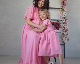 Pink Mommy and Me Dress, Mother and Daughter Matching Dresses, Greek Style Chiffon Floor Length Family Matching Dress, Matching Outfit