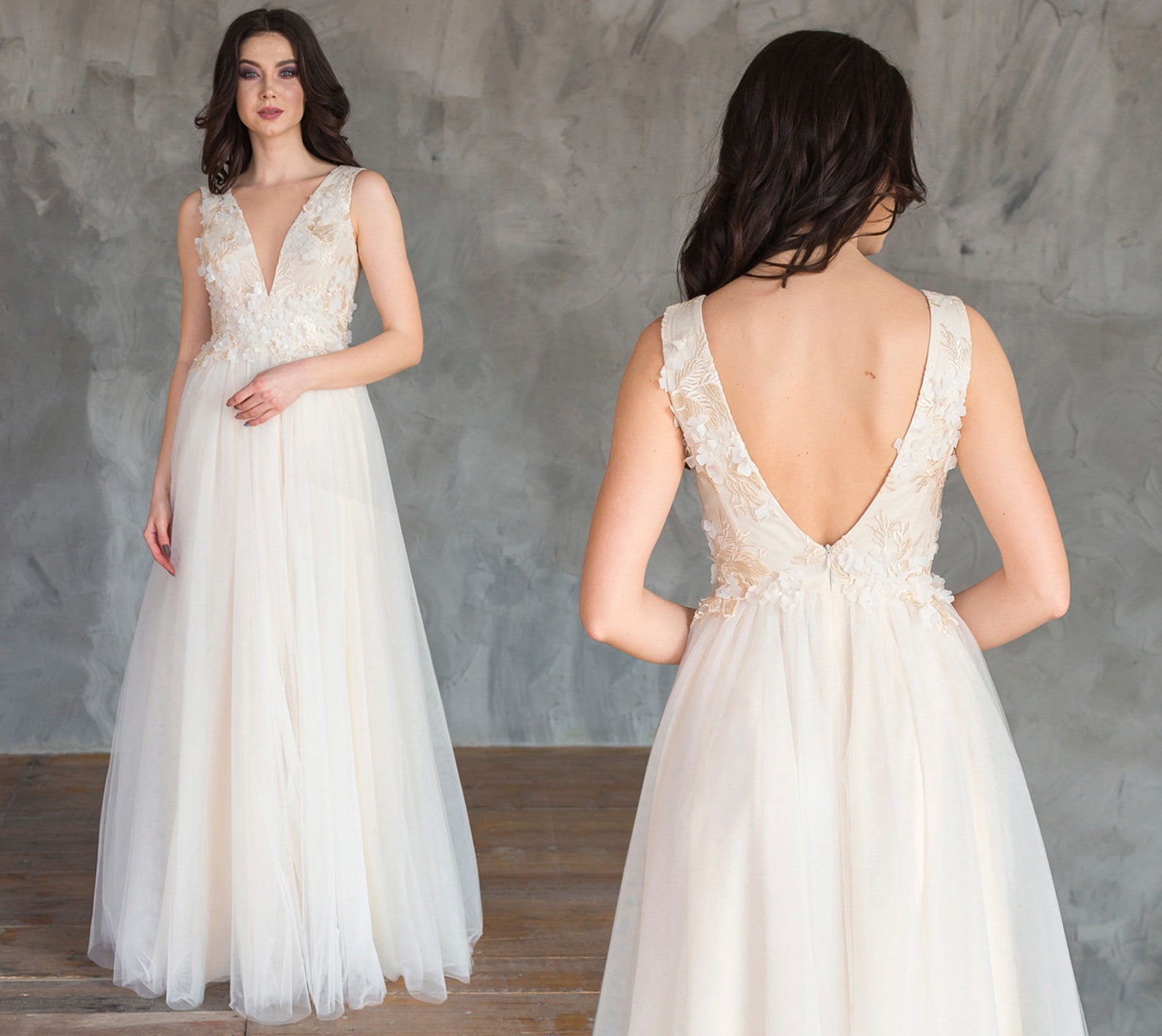 Backless Ivory Wedding Dress With Floral Decor / Deep V-neck | Etsy