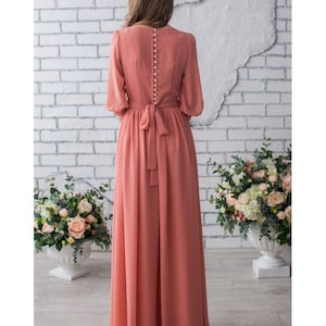 Women pink long sleeves a-line gowns, blush maxi dress with pearl buttons and sleeves, women formal chiffon closed dress, light pink dress image 8