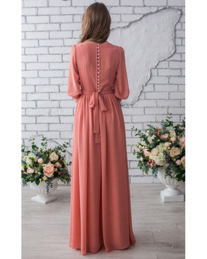 Women pink long sleeves a-line gowns, blush maxi dress with pearl buttons and sleeves, women formal chiffon closed dress, light pink dress image 8