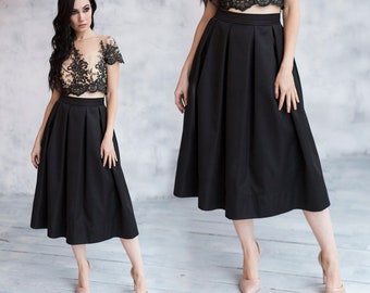 Falda midi con pliegues / Falda elegante de mujer línea A / Falda clásica negra hasta la rodilla con bolsillos / Falda de cóctel (diferentes colores)