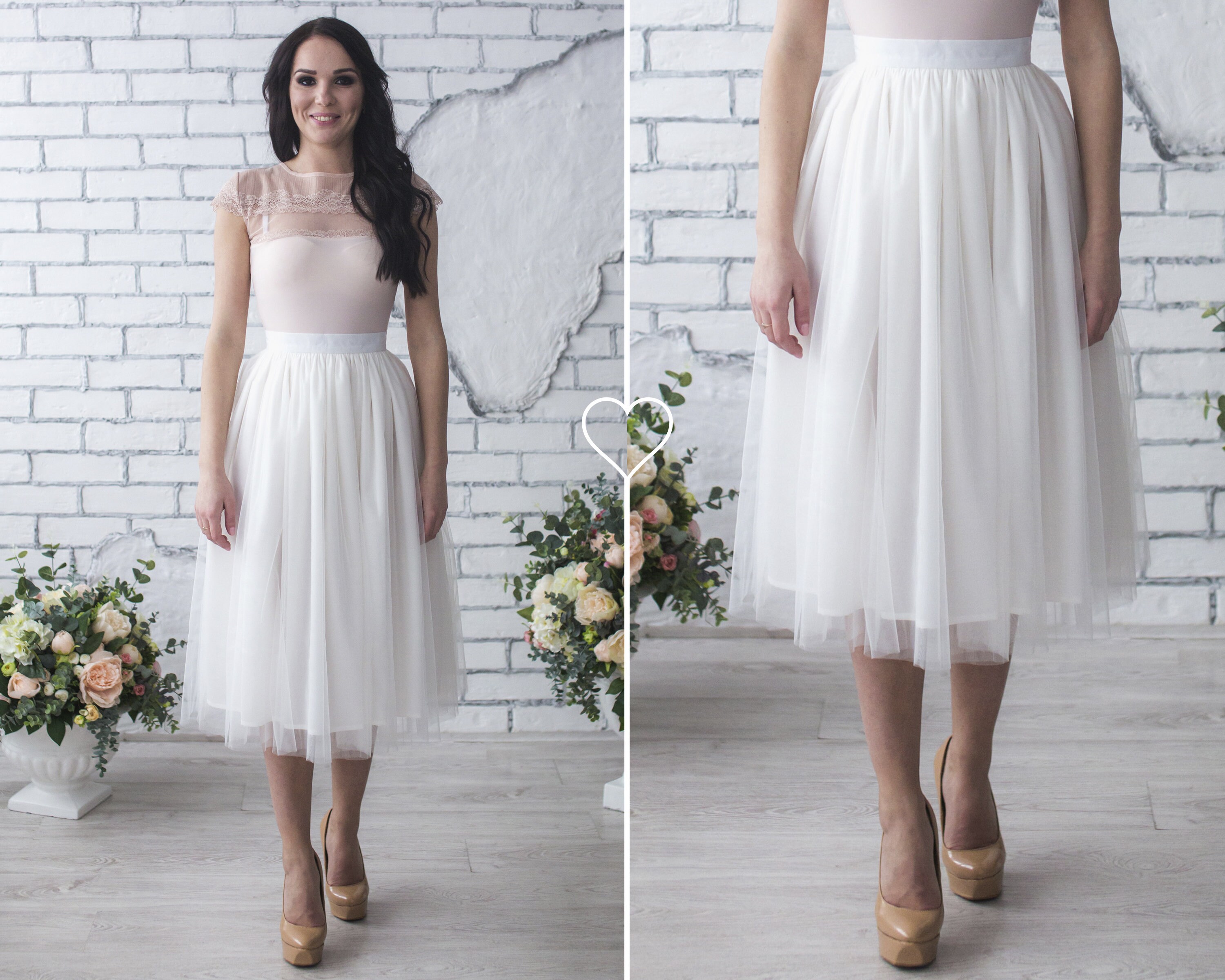 White Midi Tulle Skirt / Tutu Knee Length Skirt / Wedding