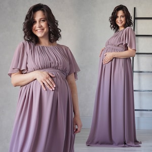 Lilac Chiffon Maternity Dress: Greek Style Butterfly Sleeve Pregnancy Gown