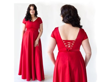 Plus size long cotton dress, red bridesmaid maxi dress, red prom floor length dress, plus size evening dress, red cotton minimalist dress