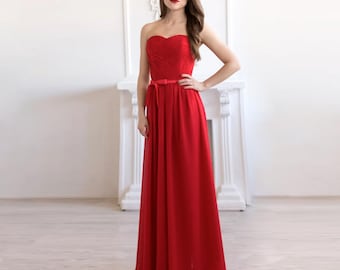 Red Chiffon Corset Maxi Dress: Strapless Evening Gown