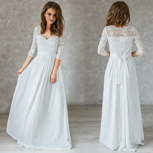 Simple Wedding Dress with Lace / Floor Length White Minimalist Gown  / Elegant White Dress / Modest Wedding Dress / Chiffon Lace White Dress
