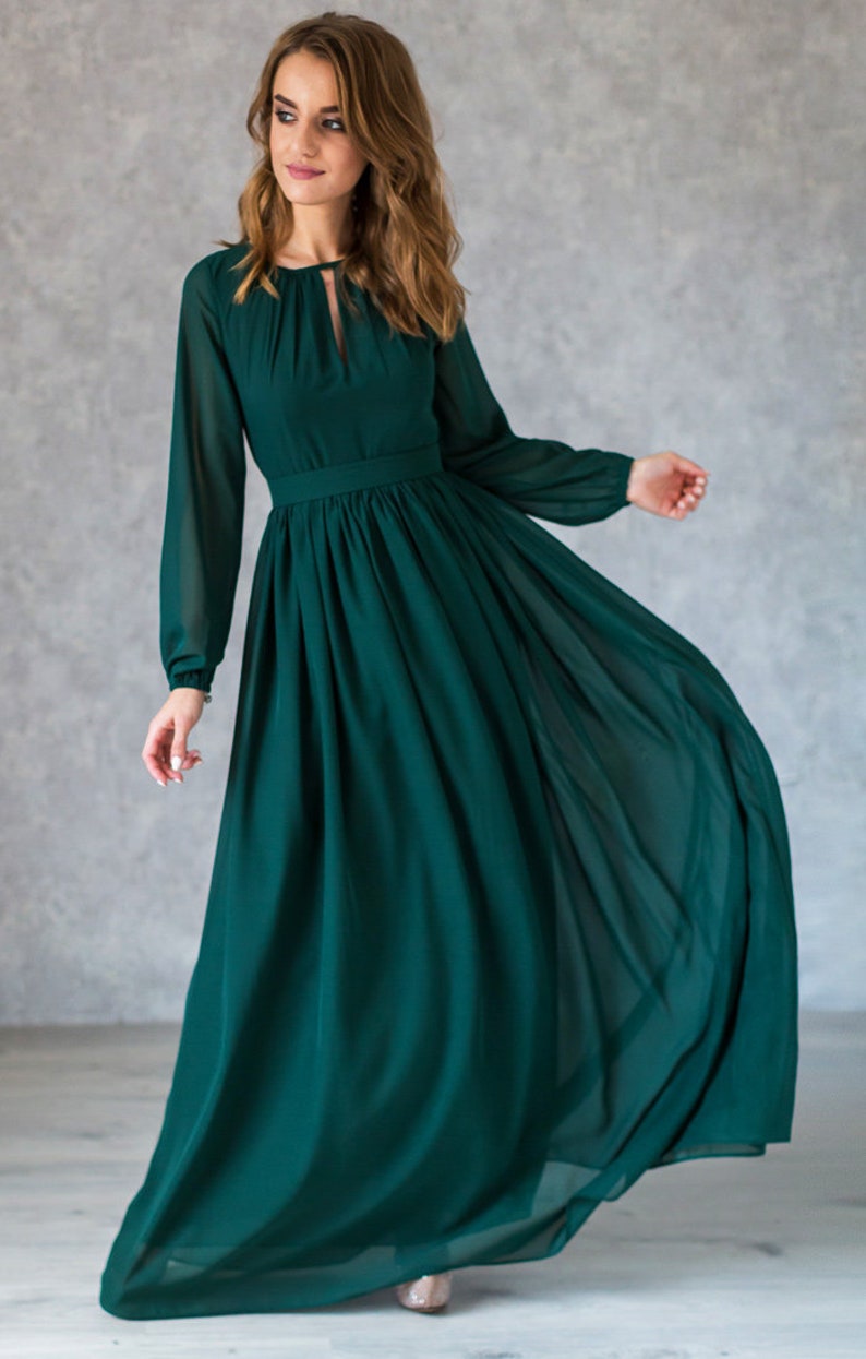 Women Formal Chiffon Closed Emerald Dress / Dark Green Flowy Etsy