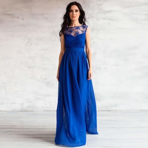 Sleeveless Blue Lace Dress / Woman formal chiffon floral lace top dress / Bride wedding party long gown / Floor length flowy prom dress