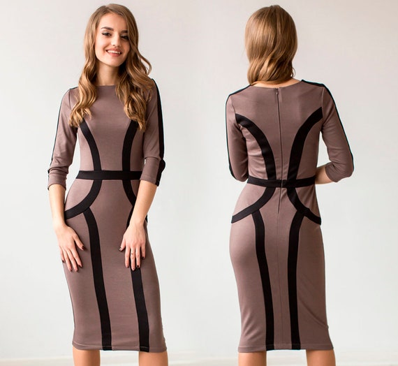 Coffee Jersey Dress With 3 4 Sleeves and Black Stripes Long