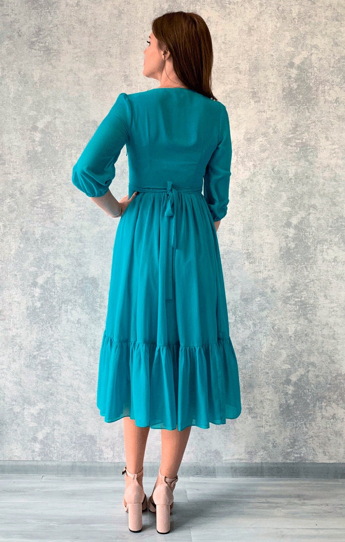 Elegance Midi Chiffon Flowy Dress / MANY COLORS / Woman Midi Dress with sleeves / Short coctail Dress / Dress with pearl buttons