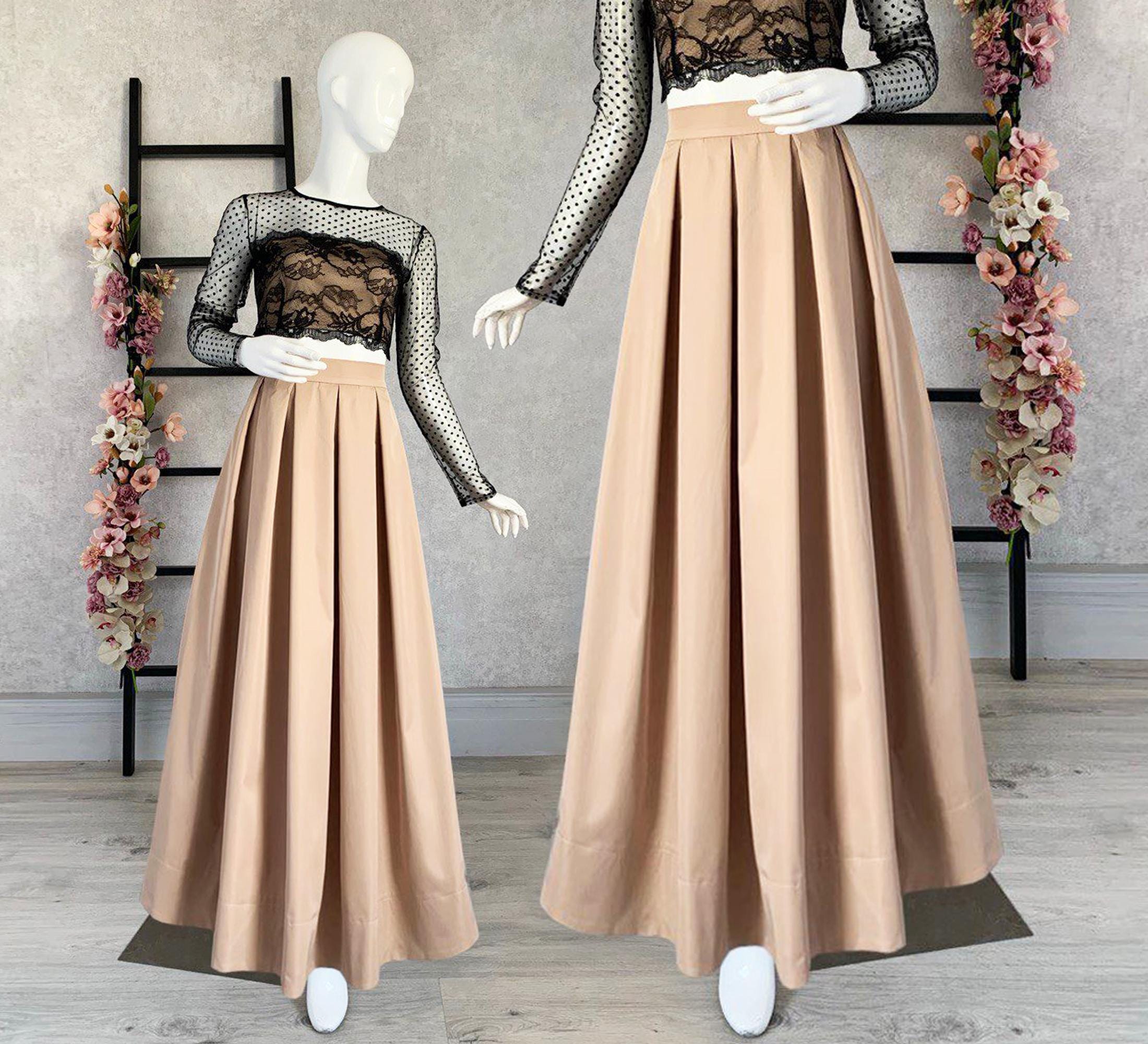 Elegant A Line Beige Skirt, High Waisted Maxi Skirt, Maxi