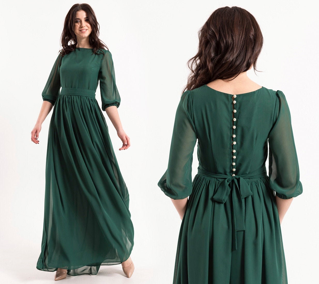 Emerald Maxi Dress With Pearl Buttons 