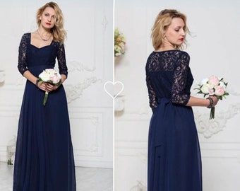 Navy Blue Bridesmaid Chiffon Dress with Lace / Floor Length Navy Dress / Maxi Evening Gown / Bridesmaids Dresses / Stylish Blue Navy Dress