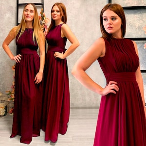 Burgundy Long Bridesmaid Dress, Marsala Chiffon Dresses, Maxi Bridesmaid Gown, Wine Bridesmaid Dress, Modest Prom Dress