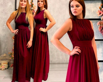 Robe de demoiselle d'honneur longue bordeaux, robes marsala en mousseline, robe de demoiselle d'honneur longue, robe de demoiselle d'honneur vin, robe de bal modeste