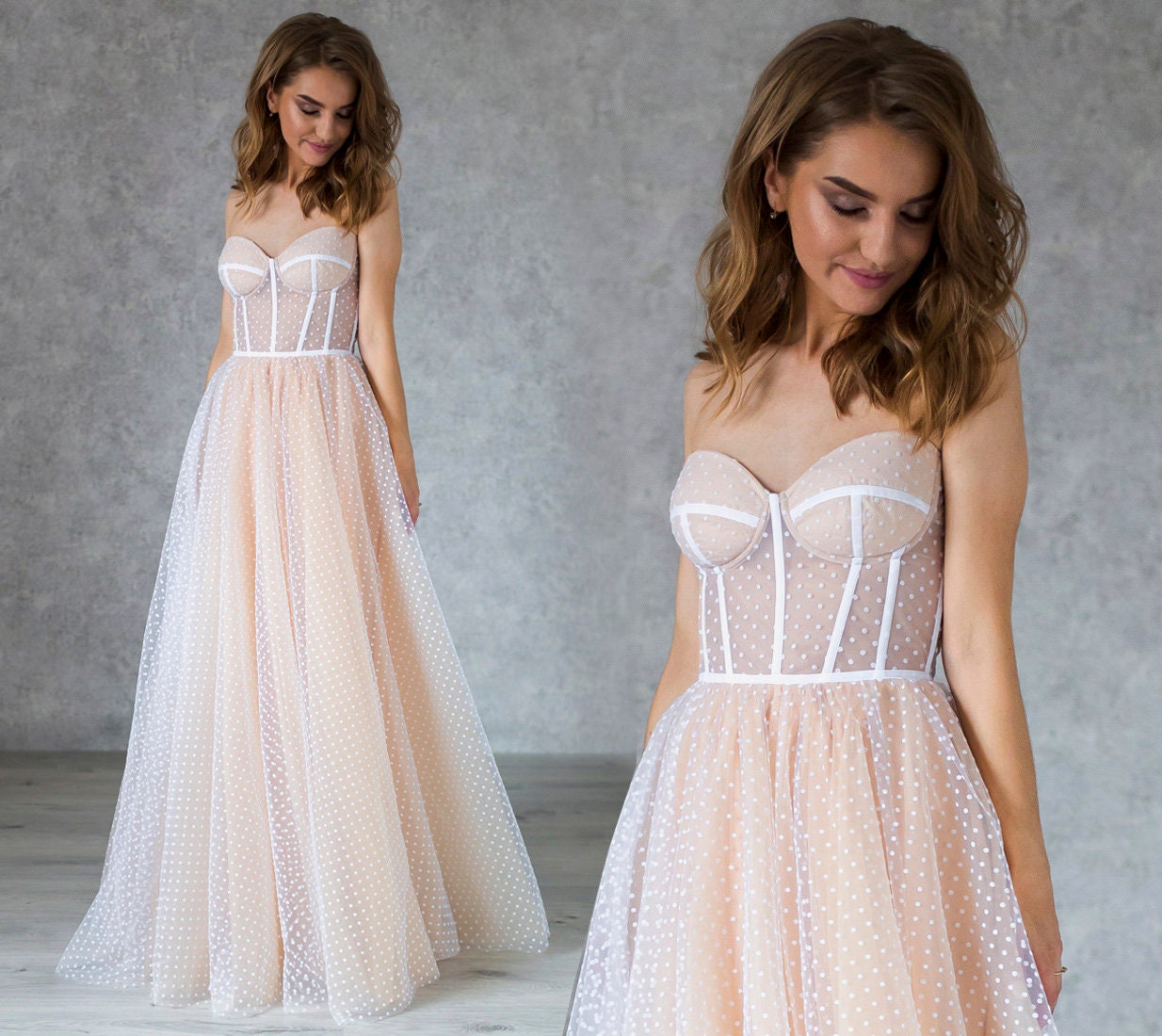 Wedding Dress White Tea Length Polka Dot Tulle Dress, Nude