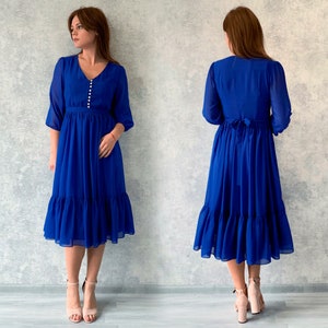Blue cocktail chiffon dress, elegance party gown, midi flowy dress, woman&#39;s dress with sleeves and with pearl buttons, flower girl dress