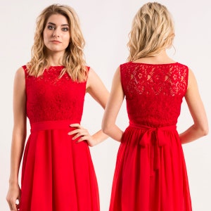 SALE 50% Red cocktail dress, chiffon asymmetric dress with lace top, formal dress, evening cocktail dress, red party dress, knee length