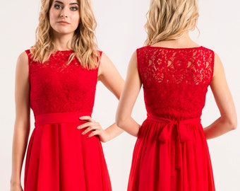 SALE 50% Red cocktail dress, chiffon asymmetric dress with lace top, formal dress, evening cocktail dress, red party dress, knee length