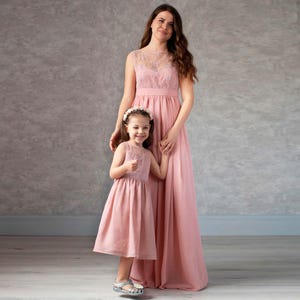 Blush Pink Lace & Chiffon Mother Daughter Dresses: Matching Family Gowns